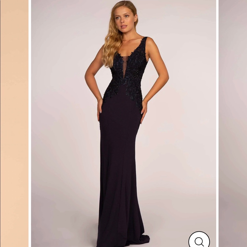 ELIZABETH K - GL2614SC SLEEVELESS DEEP V-NECK LACE APPLIQUE LONG GOWN NAVY